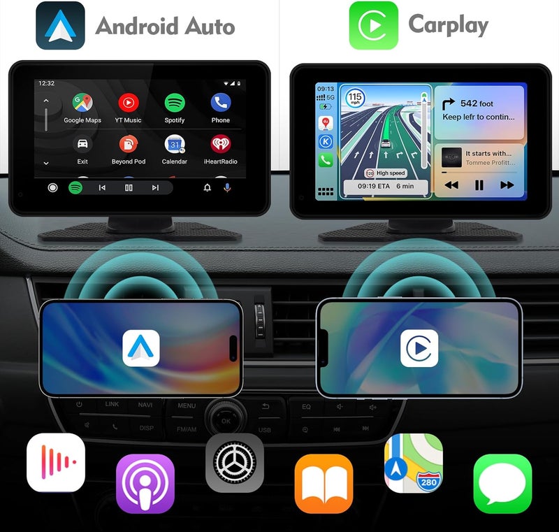 FeirTon شاشة سيارة محمولة 7" HD لاسلكية مع Carplay لنظام الصوت في السيارة شاشة تعمل باللمس مع Carplay من Apple وAndroid Auto جهاز لوحي للسيارة مع كاميرا خلفية/رابط مرآة/تحكم صوتي/Bluetooth/GPS لجميع المركبات - Image 2